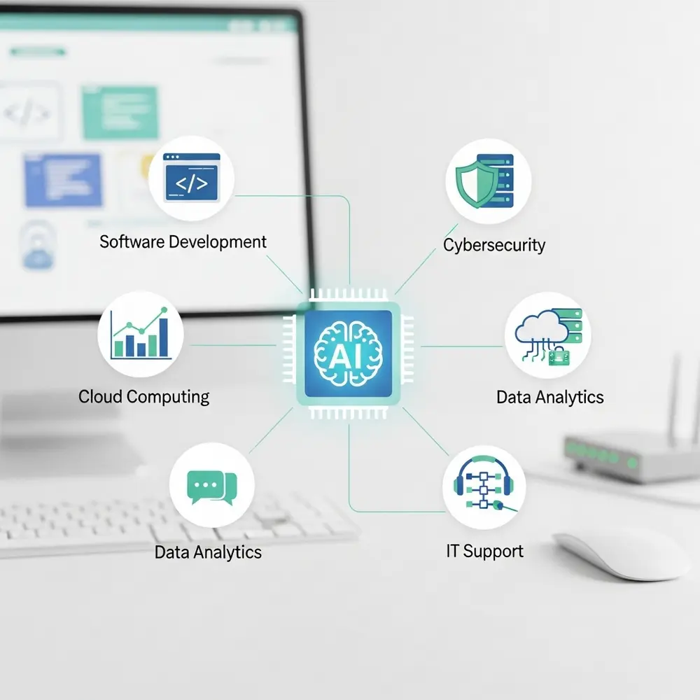 Infographic showing how AI powers IT areas like software development, cybersecurity, cloud computing, data analytics, and IT support.