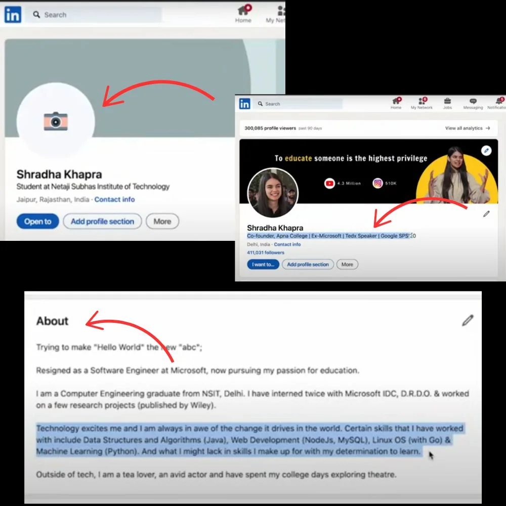 Comparison of Shraddha Khapra's LinkedIn profile: from student to tech educator and speaker.