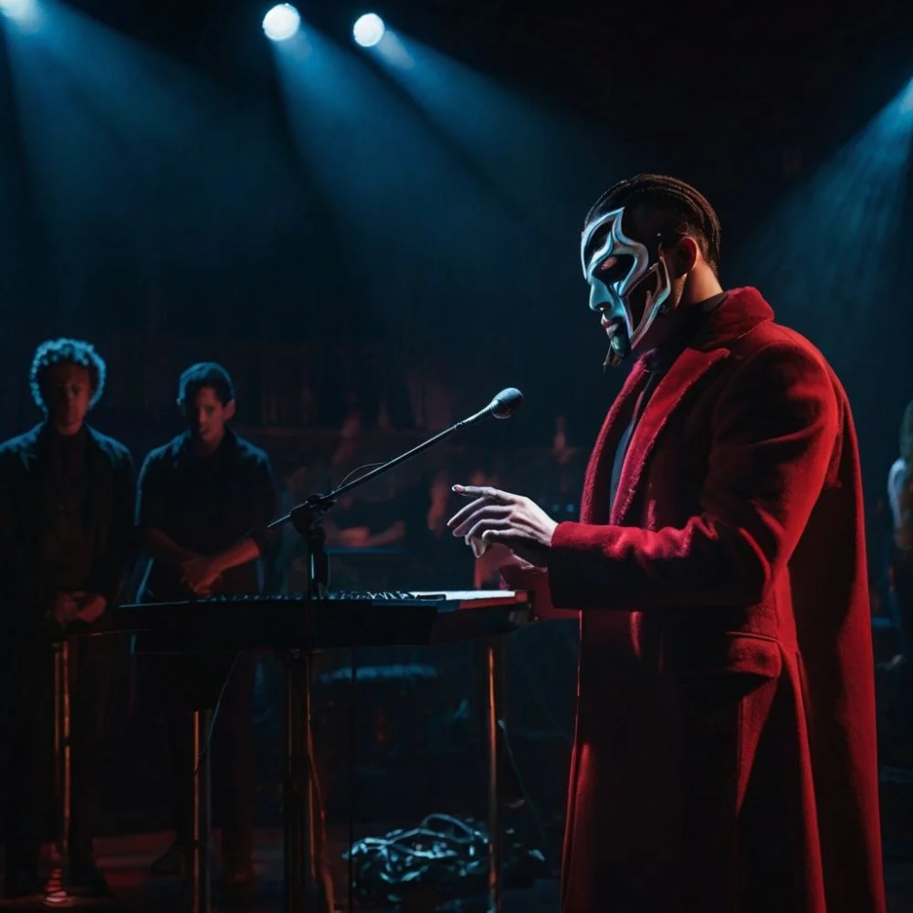 Masked performer on stage in a dark musical scene from Sinners (2025).