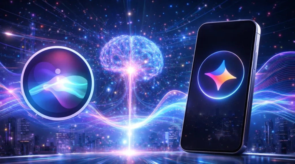Conceptual illustration showing Apple’s Siri and Google Gemini AI connected through a shared intelligence system, representing Apple’s largest AI upgrade.