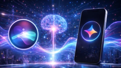 Conceptual illustration showing Apple’s Siri and Google Gemini AI connected through a shared intelligence system, representing Apple’s largest AI upgrade.
