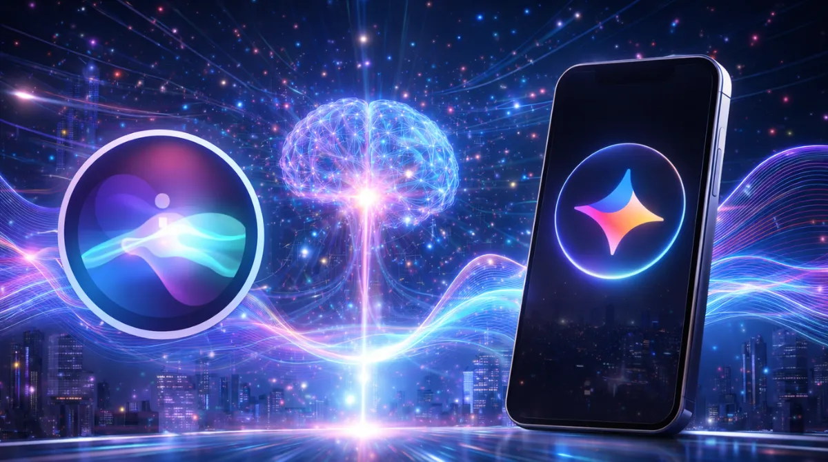 Conceptual illustration showing Apple’s Siri and Google Gemini AI connected through a shared intelligence system, representing Apple’s largest AI upgrade.