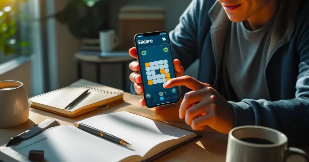 Person using Slidare app to solve a sliding puzzle on smartphone.