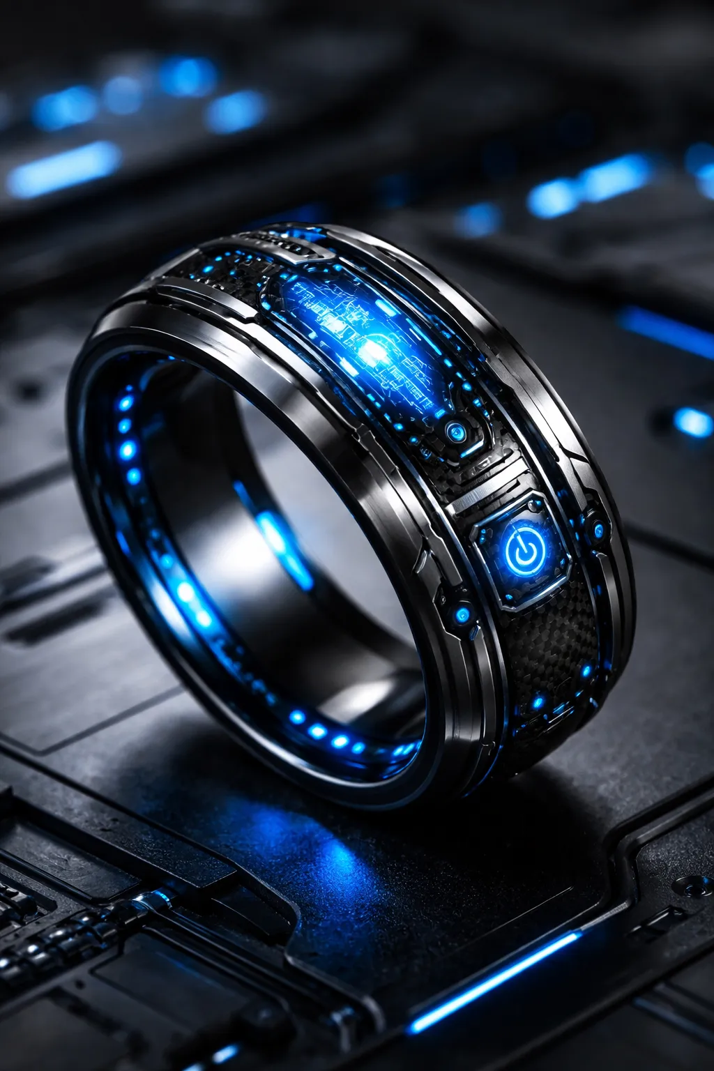 Close-up of a smart fitness tracking ring displaying heart rate, steps, and calorie data with green LED accents on a gym-style background