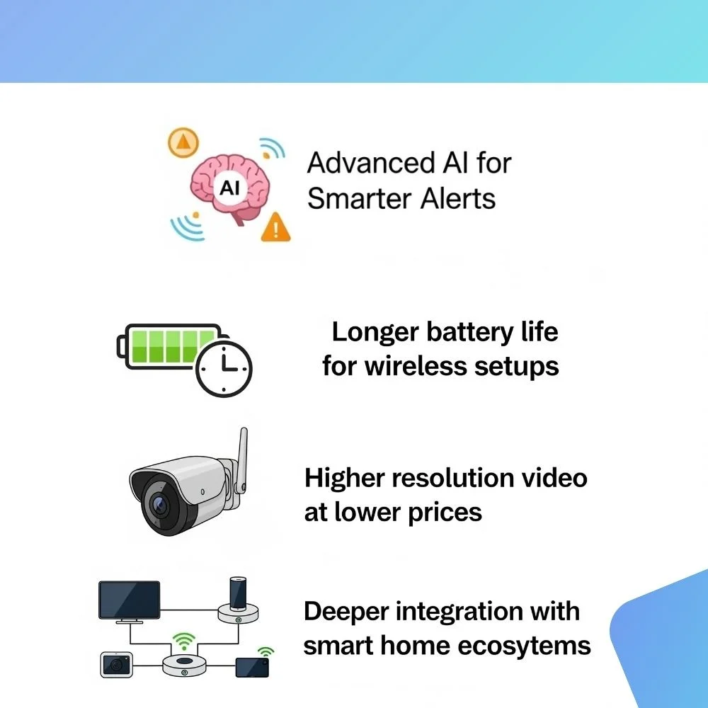 Infographic showing AI alerts, battery life, video resolution, and smart home integration for modern security systems.