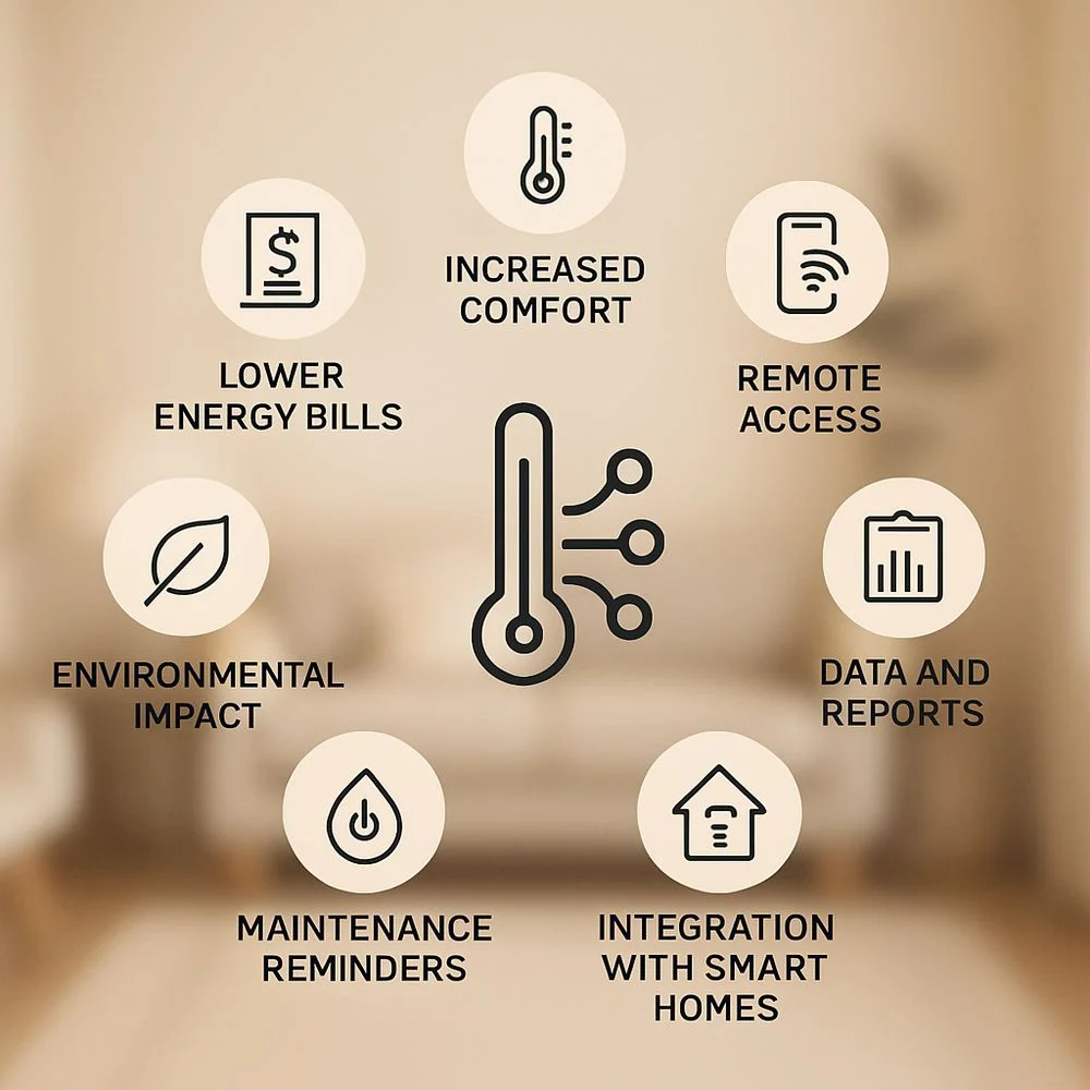 Infographic showing 7 smart thermostat benefits with icons on a cozy living room background.