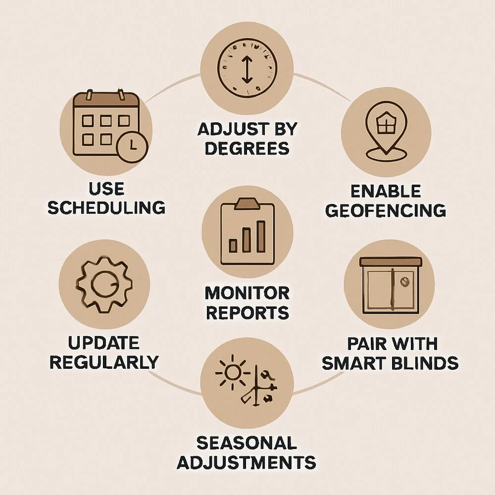 Infographic showing 7 smart thermostat tips to save energy, with bold labels and matching icons.