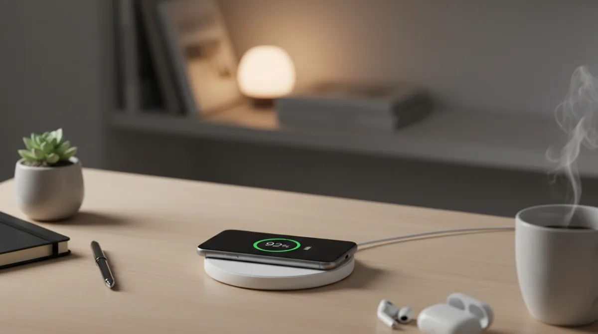 Smartphone charging wirelessly on a pad showing battery percentage, representing daily charging habits for Apple and Samsung users