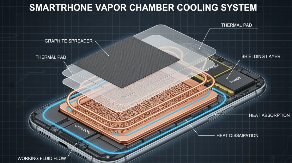 Technical cutaway view of smartphone vapor chamber cooling system showing heat pipes and thermal layers