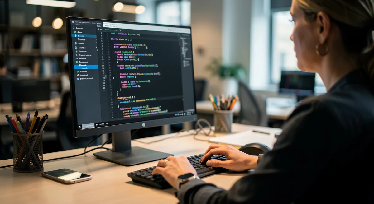 A software developer working at a desk in a modern office, typing code on a desktop computer with a programming interface displayed on the screen