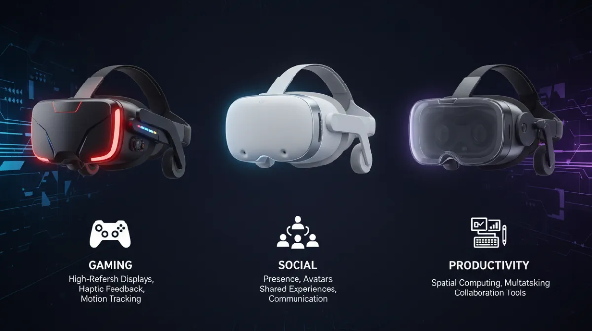 Side-by-side comparison of three XR headsets representing Sony gaming, Meta social, and Apple productivity approaches to future computing