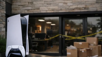 Sony PlayStation 5 console and controller placed outside a vacant game studio with boxes and caution tape
