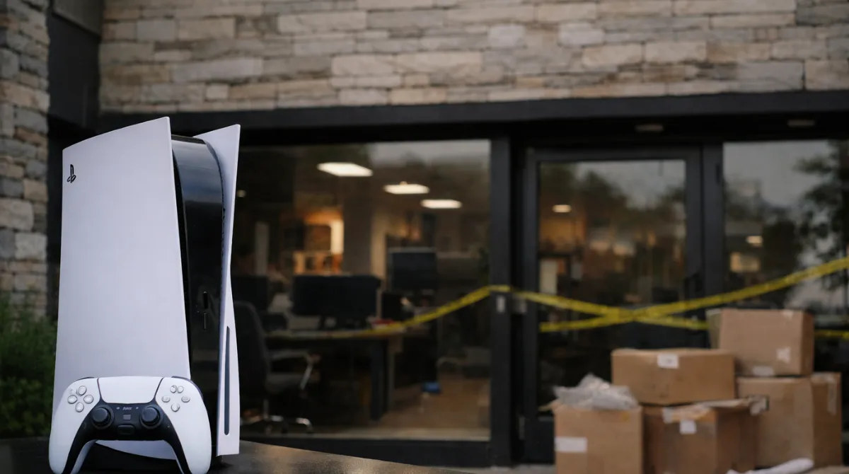 Sony PlayStation 5 console and controller placed outside a vacant game studio with boxes and caution tape