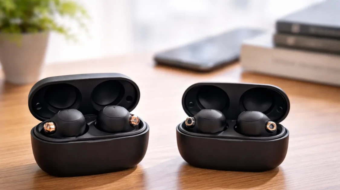 Sony WF-1000XM6 and WF-1000XM5 earbuds in open charging cases on wooden desk in side-by-side comparison