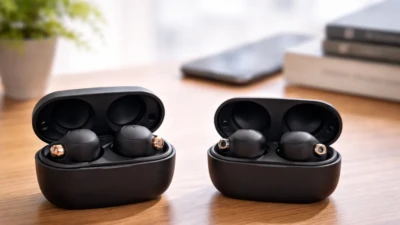 Sony WF-1000XM6 and WF-1000XM5 earbuds in open charging cases on wooden desk in side-by-side comparison