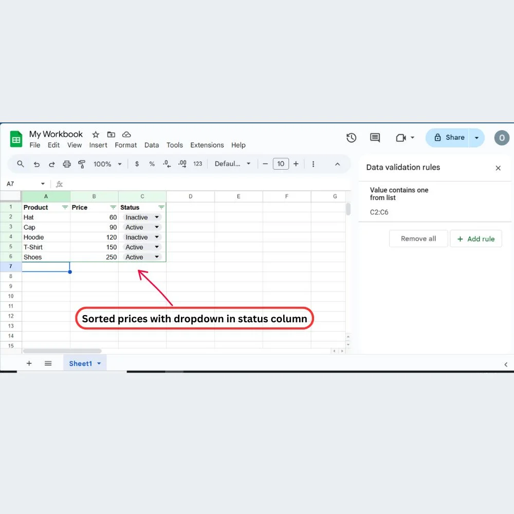Google Sheets table with filters, sorted price column, and dropdown in status column