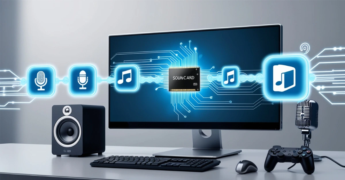 Illustration showing how sound card drivers and audio APIs connect hardware and software for clear, real-time audio.