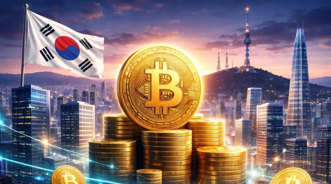 A digital illustration showing Bitcoin stacks against the Seoul skyline and the South Korean flag, symbolizing South Korea lifting its corporate crypto investment ban under new regulations.