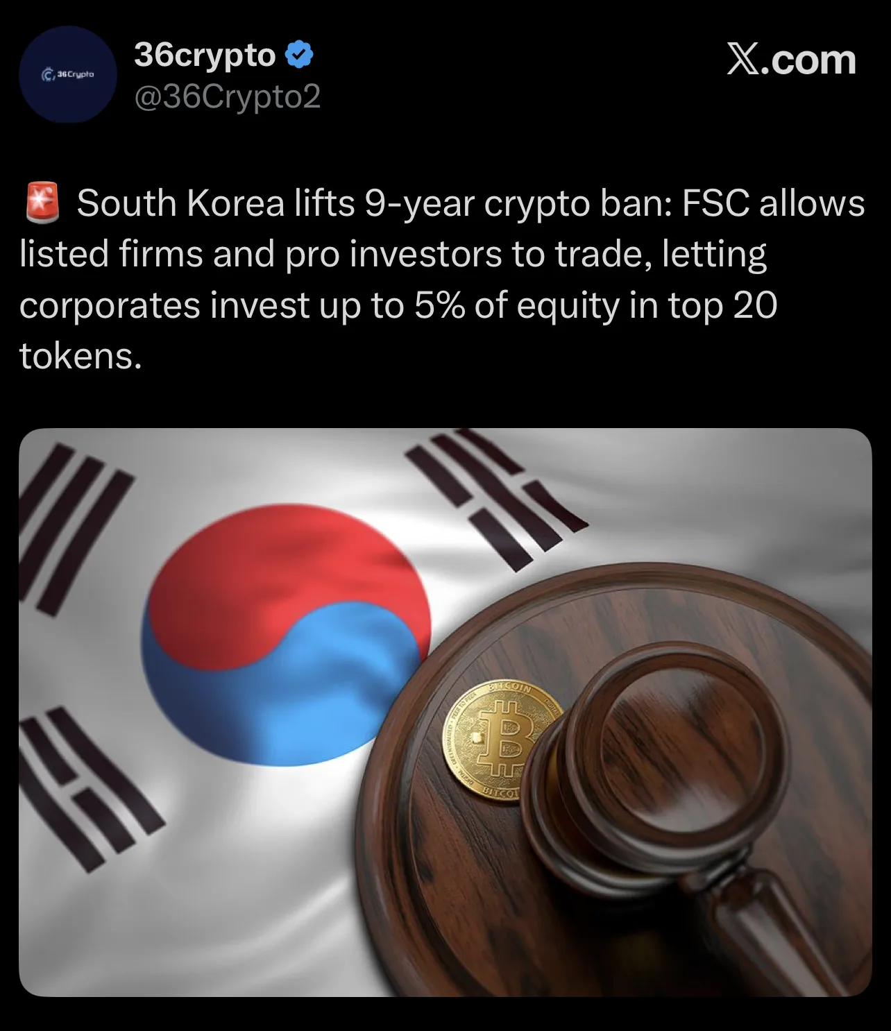 South Korean flag with a Bitcoin coin and judge’s gavel symbolizing South Korea lifting its nine-year ban on corporate cryptocurrency investment.