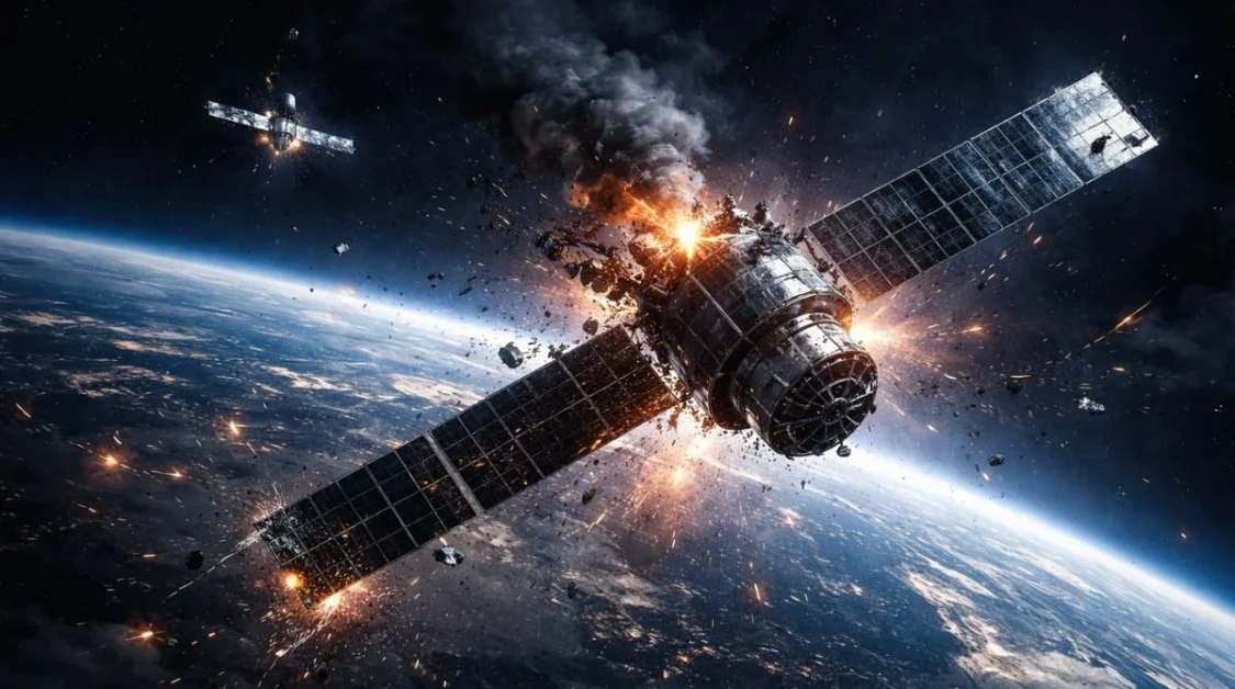 Damaged GPS satellite breaking apart in Earth orbit with debris floating in space and Earth visible in the background