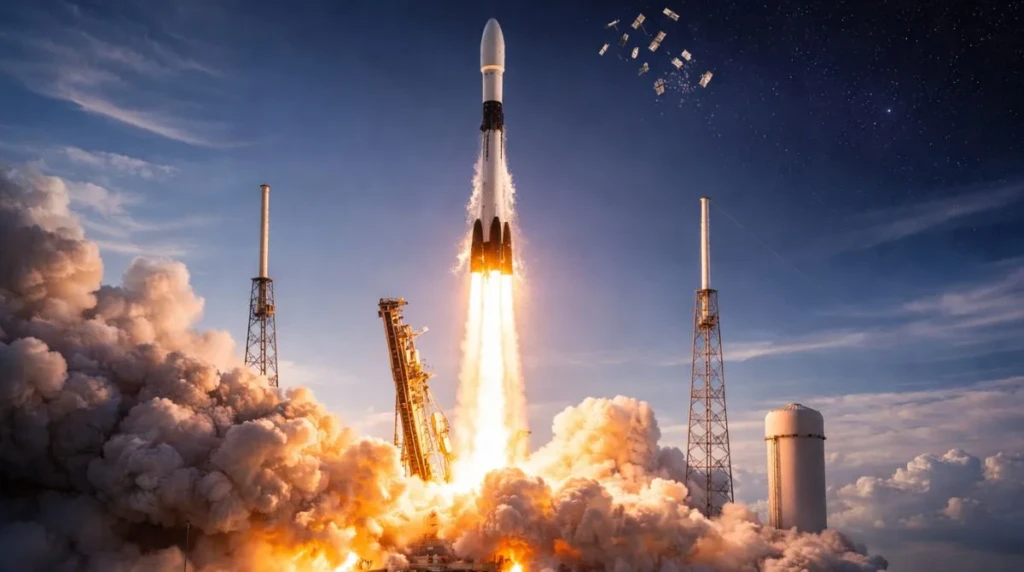 A SpaceX Falcon 9 rocket lifts off carrying the first Starlink satellites of 2026, with bright engine flames and satellites deploying into low Earth orbit against a dramatic sky.