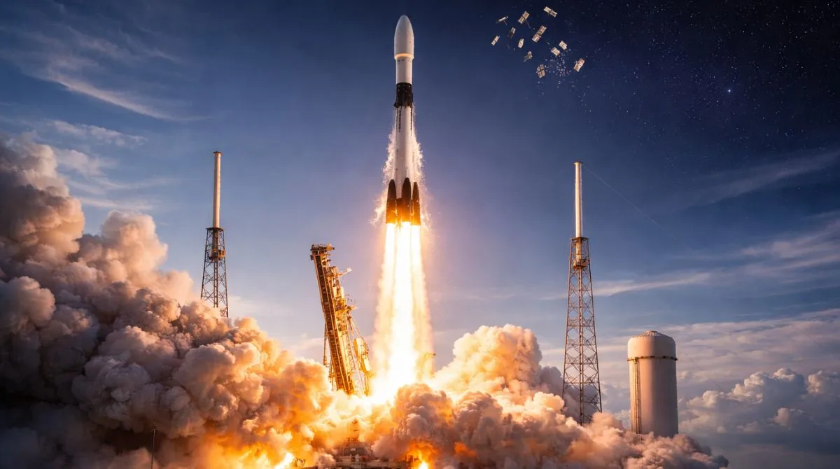 A SpaceX Falcon 9 rocket lifts off carrying the first Starlink satellites of 2026, with bright engine flames and satellites deploying into low Earth orbit against a dramatic sky.