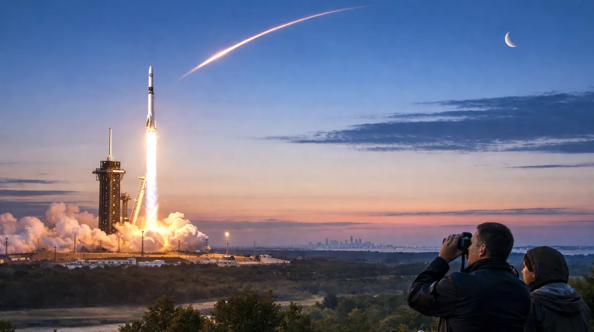 SpaceX Crew-12 Launch Visibility Connecticut early morning liftoff with Falcon 9 rocket rising into dawn sky