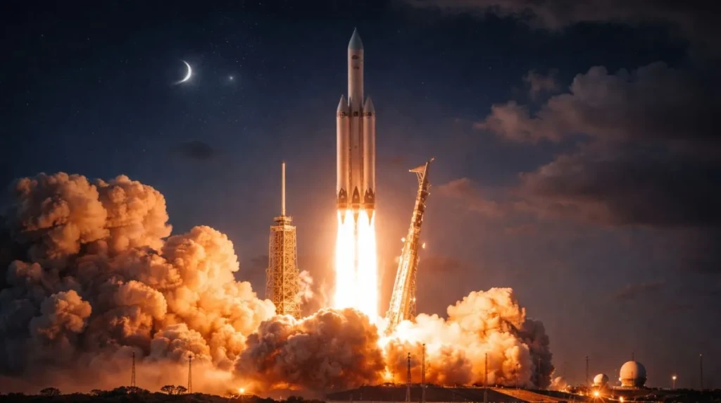 SpaceX rocket launching at night during its first national security mission of 2026 from a coastal launch site