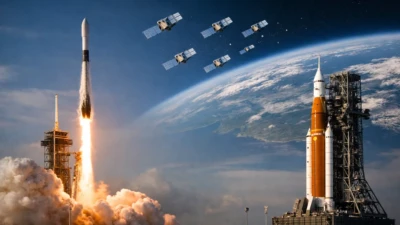 SpaceX launch of Falcon 9 rocket lifting off with bright exhaust plume as satellites deploy in orbit