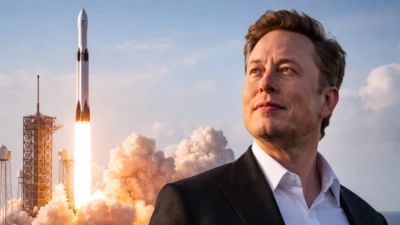 SpaceX launch vehicle lifting off from coastal pad at sunrise with powerful engines and smoke plume