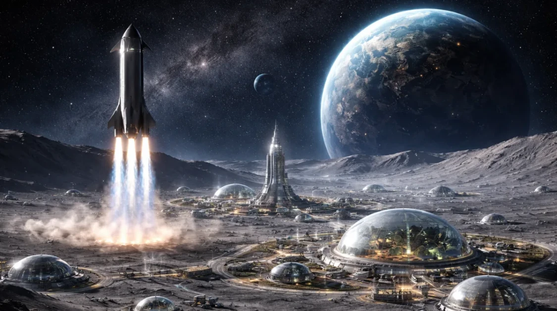 Futuristic concept of a SpaceX lunar city on the Moon with domed habitats and a spacecraft landing as Earth appears in the background