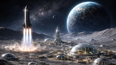 Futuristic concept of a SpaceX lunar city on the Moon with domed habitats and a spacecraft landing as Earth appears in the background