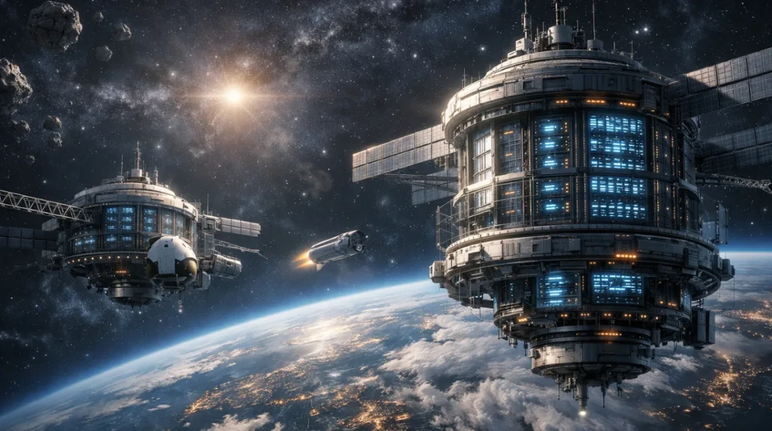 Futuristic orbital data centers orbiting Earth with spacecraft docking in space, representing large-scale space-based computing infrastructure