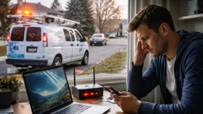 Technician van and resident facing internet disruption during Spectrum outage in Casper residential area