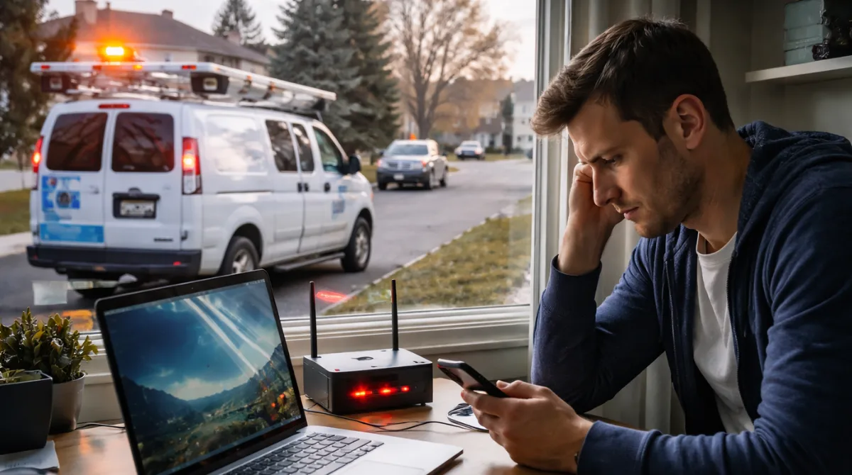 Technician van and resident facing internet disruption during Spectrum outage in Casper residential area