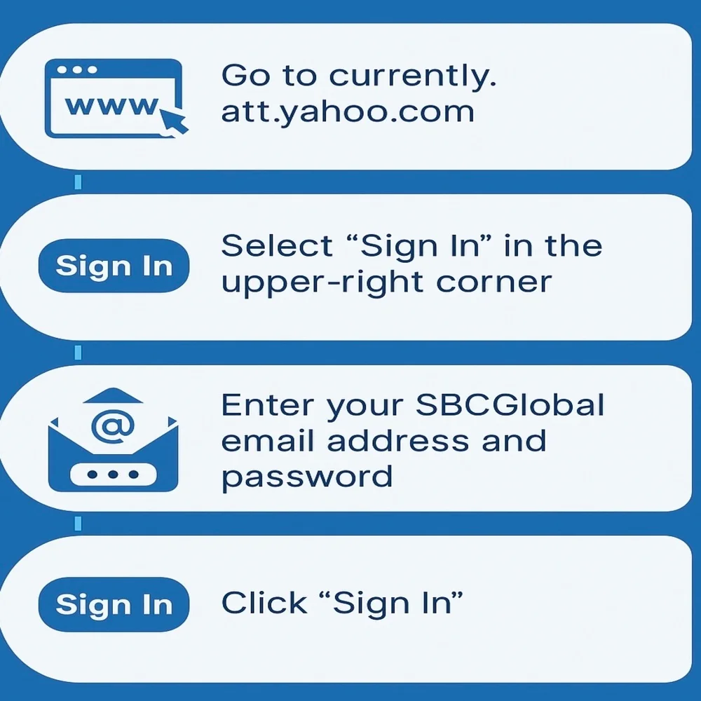 Step-by-step infographic showing how to access SBCGlobal email, with icons and instructions on navigating to the login page, entering credentials, and signing in.