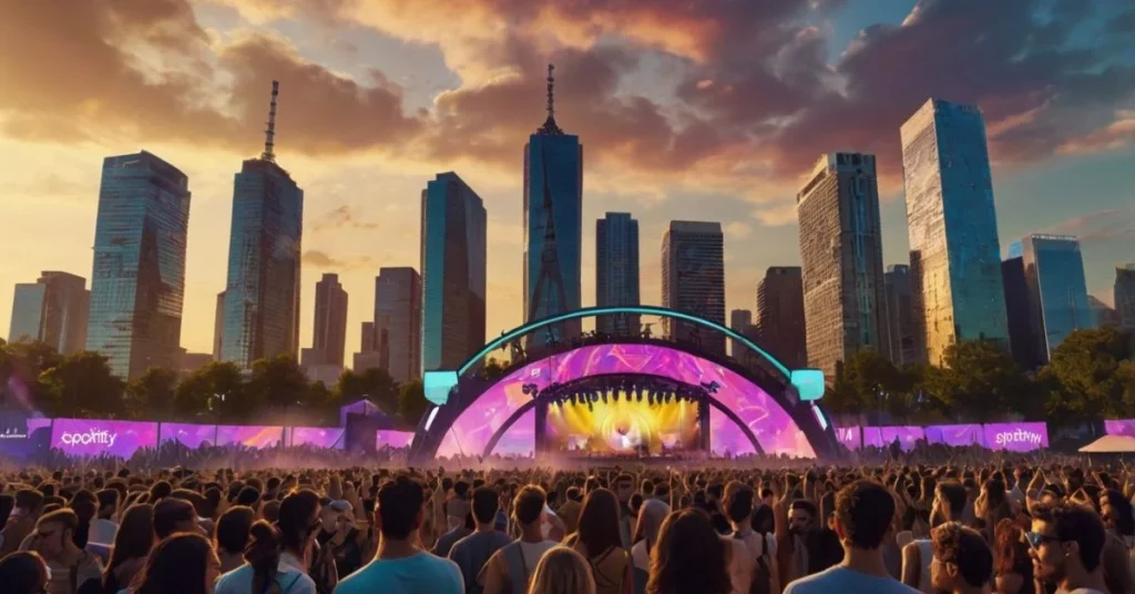 Crowds enjoying Spotify Music Festival 2025 with futuristic stages, live music, and immersive lights at sunset."