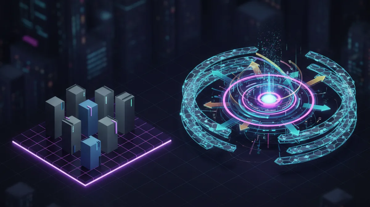Isometric illustration contrasting standalone product boxes with an interconnected platform showing compounding value, network effects, and switching cost layers