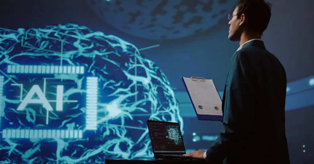 startup employee looking business charts using ai software.