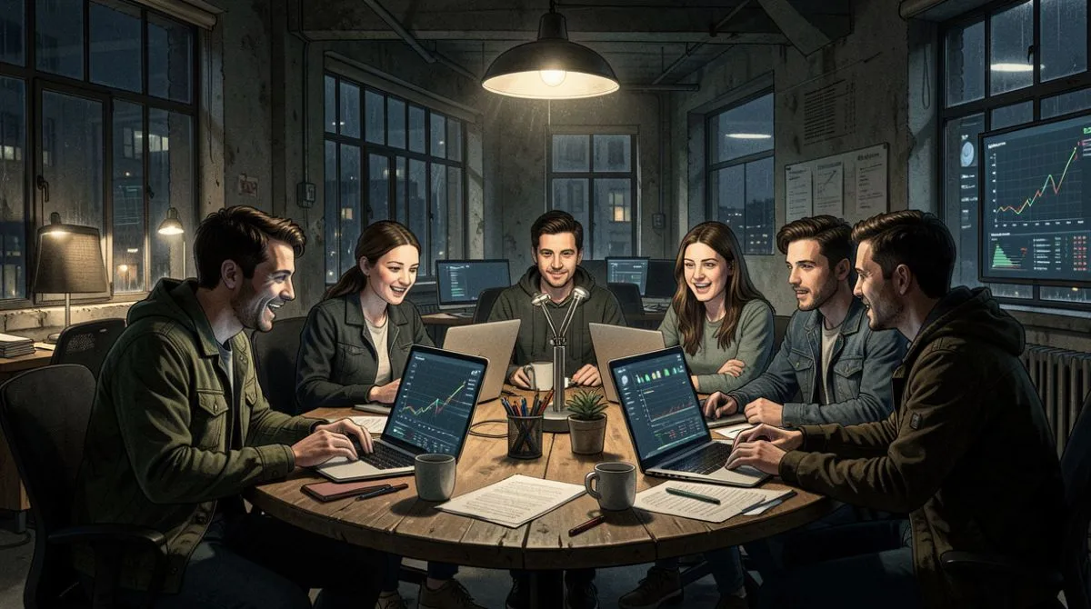 A diverse startup team working together at night in a modern office, analyzing data and charts on laptops during a collaborative meeting