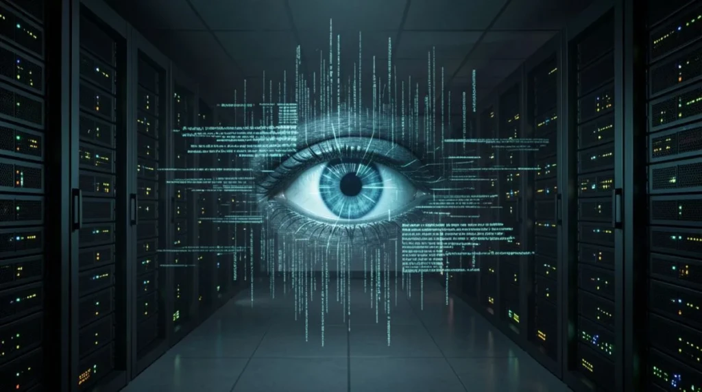 Futuristic data center corridor with a digital eye and flowing code symbolizing hidden artificial intelligence startups and stealth AI innovation in 2026