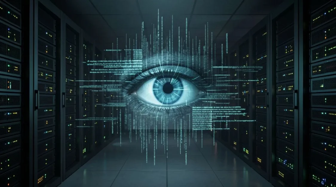 Futuristic data center corridor with a digital eye and flowing code symbolizing hidden artificial intelligence startups and stealth AI innovation in 2026
