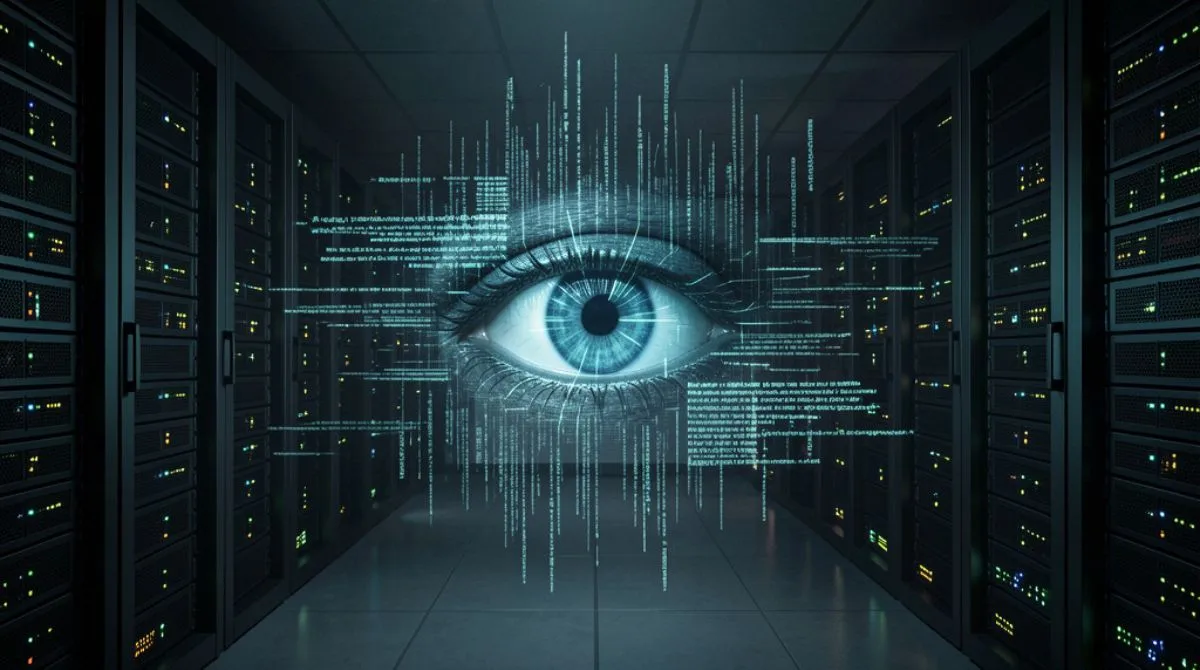 Futuristic data center corridor with a digital eye and flowing code symbolizing hidden artificial intelligence startups and stealth AI innovation in 2026