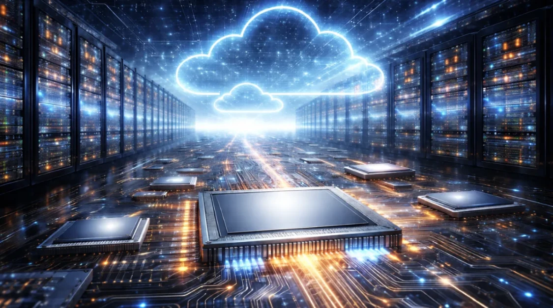 Futuristic AI data center featuring advanced semiconductor chips and cloud computing infrastructure supporting large-scale AI workloads