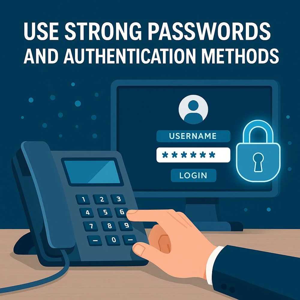 Strong password and authentication tips for business phone security.