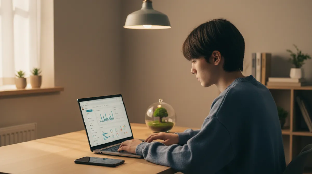 Student in a calm, minimal workspace with laptop and a focus timer, representing distraction blocking browser extensions for deep study sessions