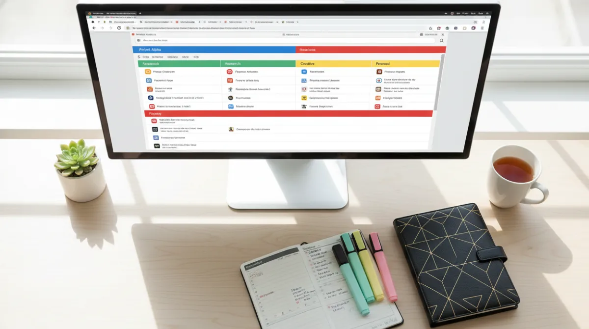 Monitor showing color-coded organized browser tab groups beside a planner and highlighters, representing tab management extensions for students and researchers