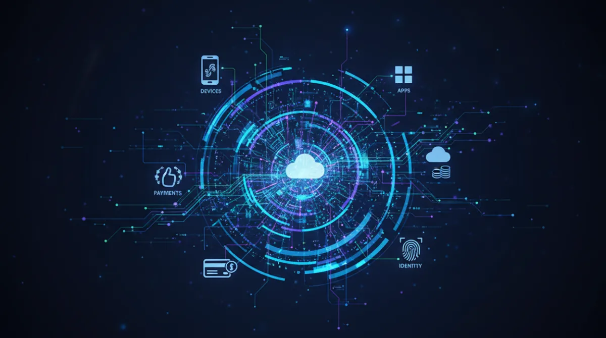 Glowing interconnected nodes and data streams representing a modern big tech ecosystem with devices, apps, cloud, payments, and identity at its core 