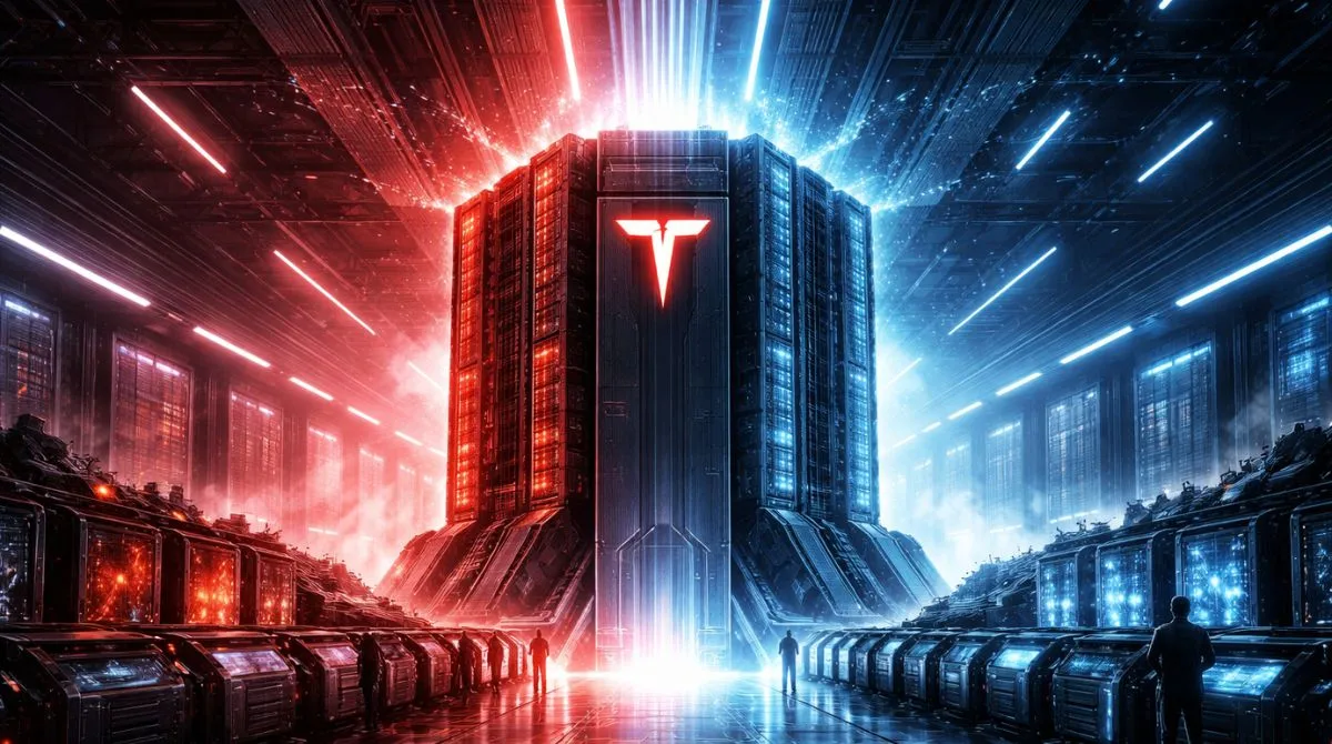 Tesla Dojo AI supercomputer inside a futuristic data center symbolizing its rise, shutdown, and revival
