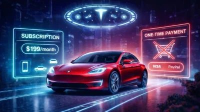 Futuristic illustration of a Tesla car highlighting the Full Self-Driving subscription model replacing one-time purchase